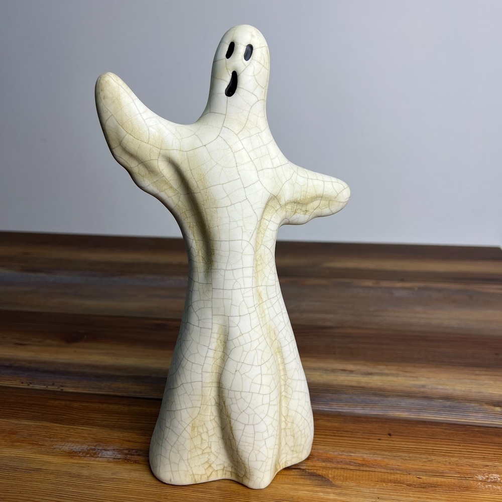 Ceramic Crackle Glaze Ghost Figurine 10in Halloween Decor Raised Arms